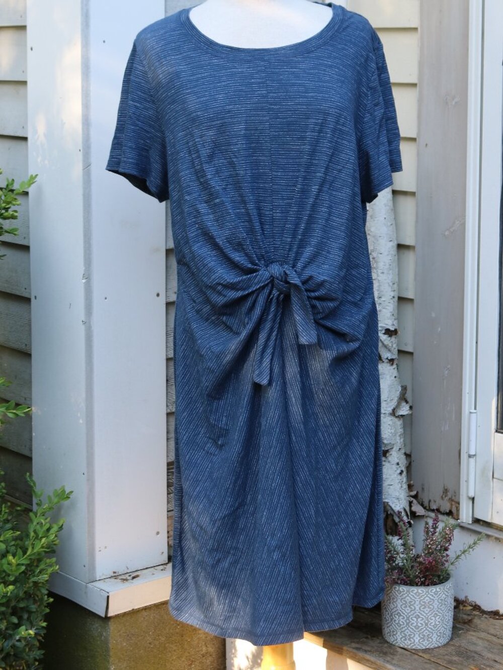 Talbots Plus Size Blue Stripe Cinch Front Tie Shortsleeve Knit T-Shirt Dress 2X